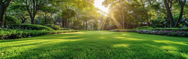 Lush green lawn in a tranquil park during golden hour photo