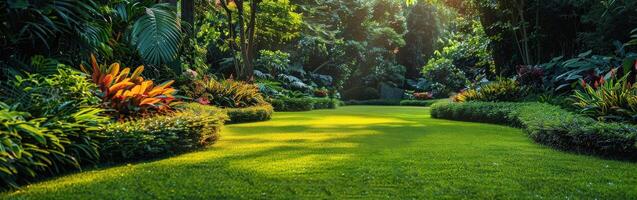 A serene park with lush lawn and vibrant plants in afternoon sunlight photo