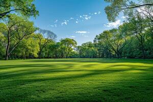 Expansive green lawn surrounded by trees on a sunny day photo