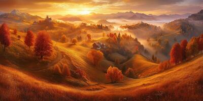 Misty autumn landscape in the mountains at sunrise with vibrant colors photo