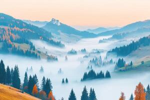 Misty autumn landscape in the mountains at dawn photo