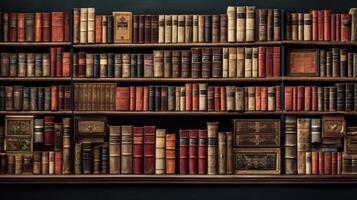 Old leather-bound books on shelves in a cozy library setting photo