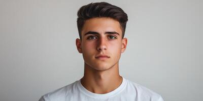Young man in a white shirt looking serious on a neutral background photo