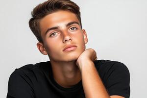 Young man posing thoughtfully with hand on chin against neutral backdrop photo