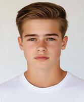 Young man with light brown hair and blue eyes in a plain backdrop photo