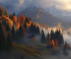 Misty autumn mountainscape with vibrant foliage and tranquil atmosphere photo