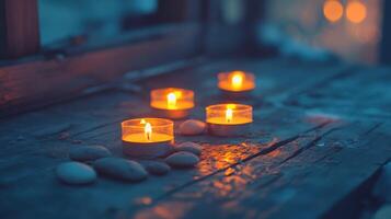 Tranquil zen setup with candles and smooth stones at dusk photo