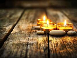 Tranquil zen setting with candles and smooth stones on wooden surface photo