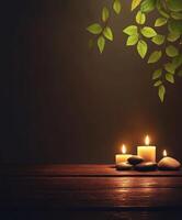 Relaxing zen background featuring candles and stones on a wooden table photo