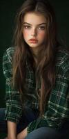 Fall casual fashion studio shoot featuring a model in plaid attire photo