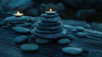 Peaceful zen display with candles and stones at twilight photo