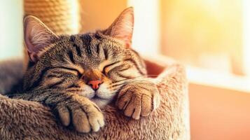 Cat resting peacefully in cozy bed by the window during daylight photo