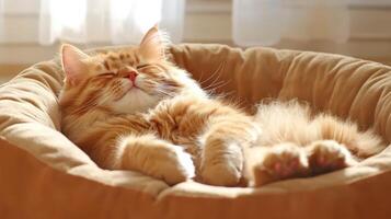 Cat lying peacefully in cozy bed by the window indoors photo