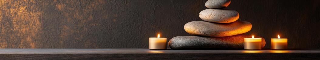 Zen garden with candles and balanced stones in peaceful ambiance photo