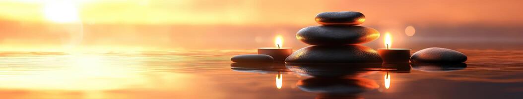 Serene zen background with candles and smooth rocks at sunset photo