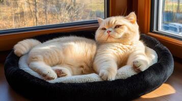 Cat resting comfortably in a cozy bed by the window indoors photo