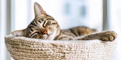 Relaxed cat lying in cozy bed near window indoors photo