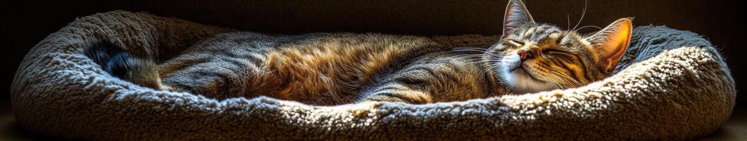 Cat resting peacefully in a cozy bed indoors during the afternoon photo