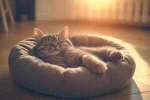 Cat lying peacefully in bed indoors during afternoon light photo