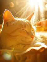 Cat relaxing in cozy bed with warm sunlight indoors photo