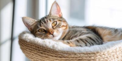 Cat resting comfortably in a cozy bed indoors during the day photo