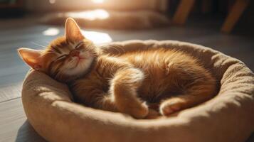 Quiet cat resting peacefully in cozy bed indoors during daylight photo