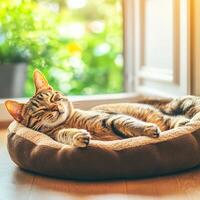Cat resting comfortably in a plush bed by the window in daylight photo