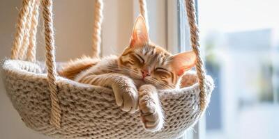 Cat resting comfortably in a cozy indoor cat bed during the day photo