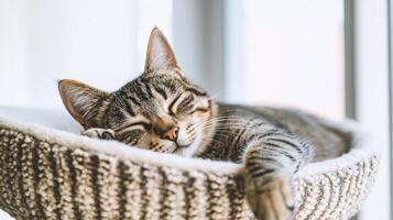 Cat resting peacefully in cozy bed indoors during daytime photo