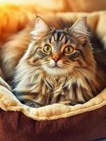 Cat lounging peacefully in its bed indoors during the afternoon photo