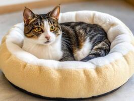 Cat resting peacefully in a cozy bed indoors photo