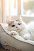 Cat relaxing peacefully in a cozy bed indoors during the day photo