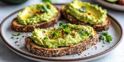 Delicious avocado hummus toast served on whole grain bread photo