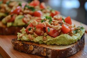 Delicious avocado hummus toast topped with fresh tomatoes and herbs photo