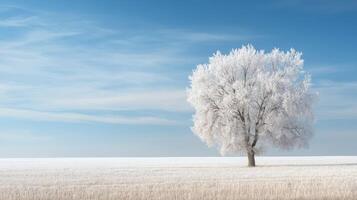 Frost-covered tree stands alone in winter landscape under blue sky photo