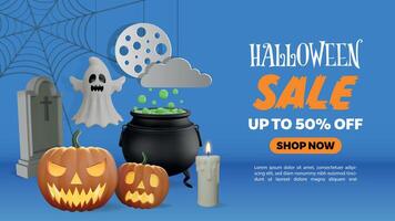halloween sale banner with 3d elements and paper full moon and cloud. halloween background with 3d pumpkins vector