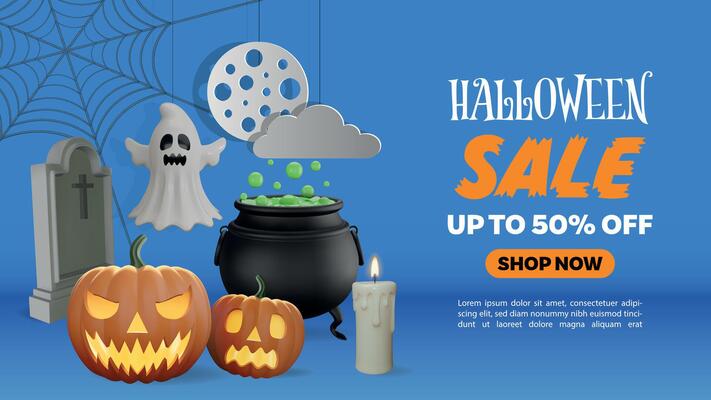 halloween sale banner with 3d elements and paper full moon and cloud. halloween background with 3d pumpkins