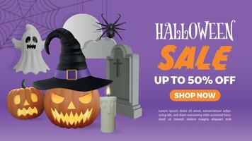 halloween sale banner with 3d elements and paper full moona and cloud vector