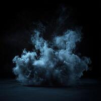 Dark smoke swirling against a black background in a dimly lit space photo