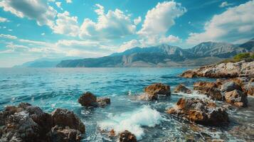 Rocky coastline with mountains in the background under a blue sky photo
