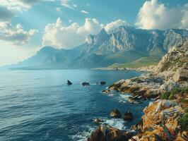 Rocky coastline with mountains under a bright sky near the ocean photo