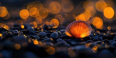 Orange and white seashell resting on pebbled beach at sunset photo