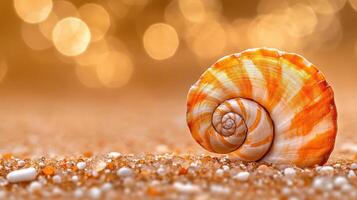 Orange and white seashell resting on sandy beach at sunset photo