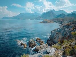 Rocky coastline with mountains and calm waters under a bright sky photo