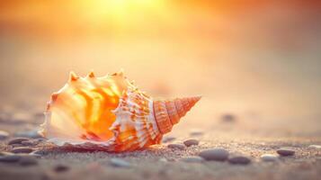 Orange and white seashell resting on sandy beach at sunset photo