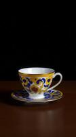Decorative tea cup and saucer with intricate design on wooden table photo