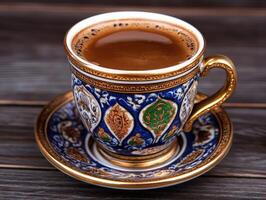 Traditional coffee in an ornate cup on a wooden table photo