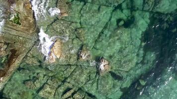 aerial view with drone, ascending of the shore of a beach at sunrise video