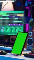 Vertical Songwriter composer mixing and mastering tracks next to green screen, operating on digital audio pc interface to add sound effects on new recordings. Technician in home studio. Camera A. video