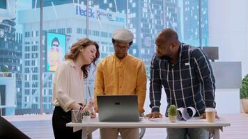 Entrepreneur collaborates with a real estate team of experts to plan a high class office space renting during a tour. Client negotiating the contract and reaching an agreement. Camera A. video